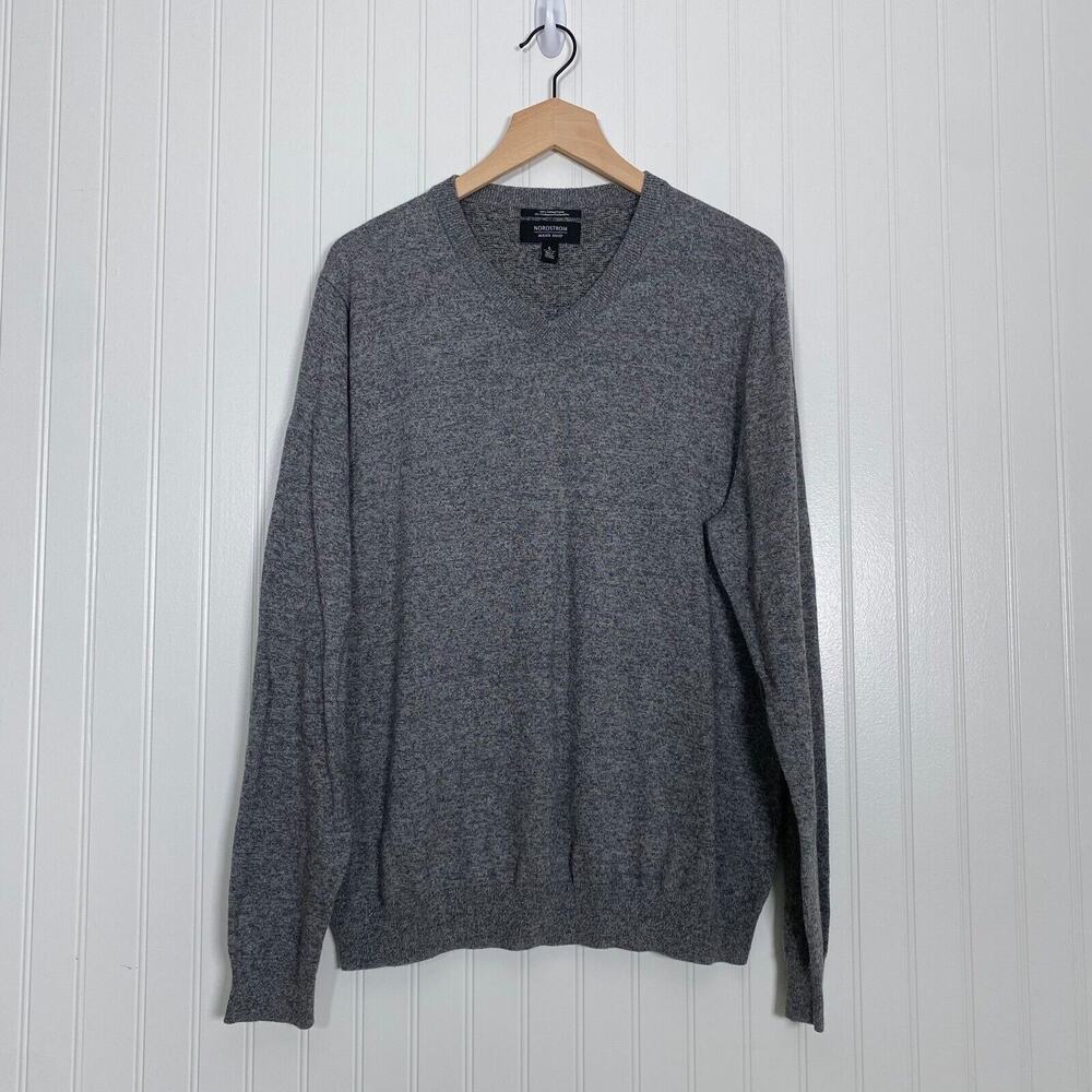 Nordstrom Mens Shop Sweater Size Large Cashmere Blend Vneck Marled Gray Luxury